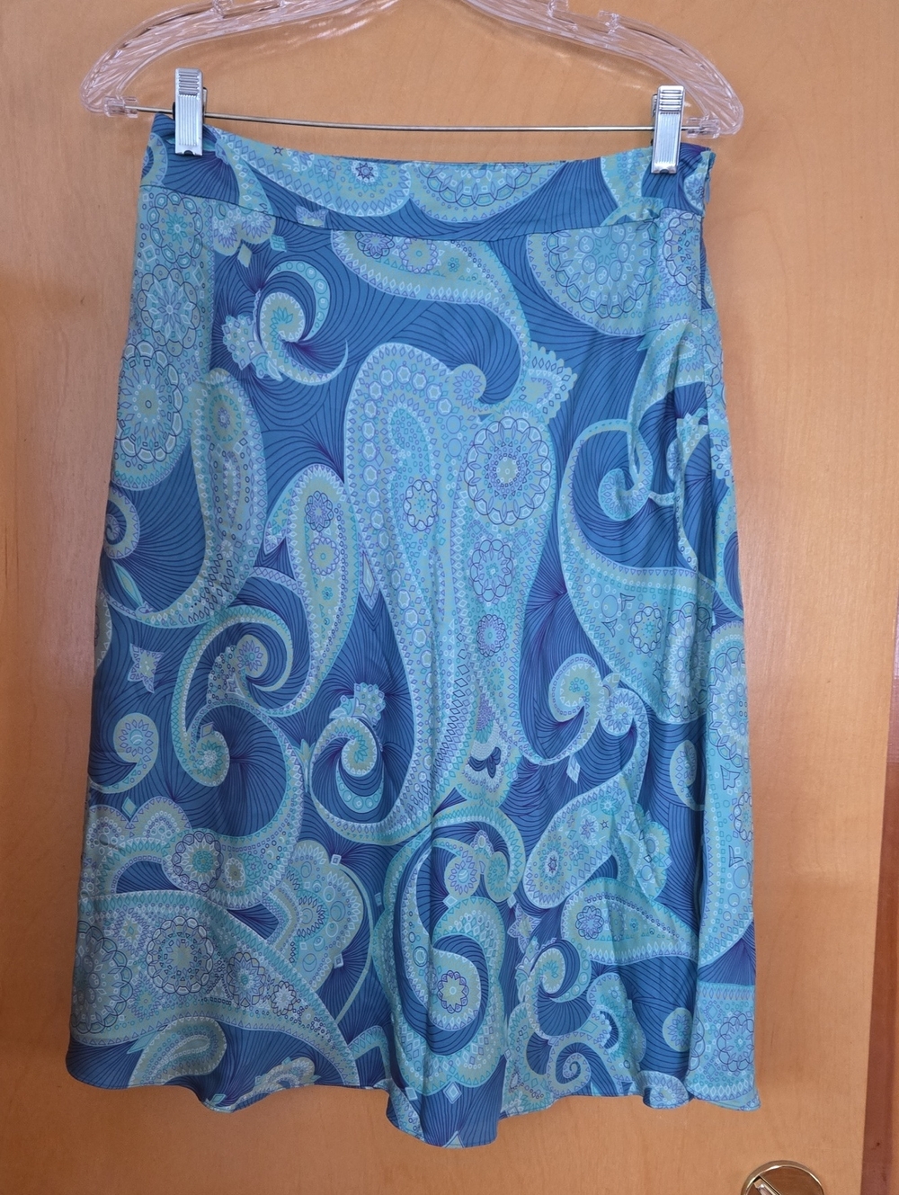 Valerie Stevens Petite Silk Skirt in Teal with Aqua Paisley Trim